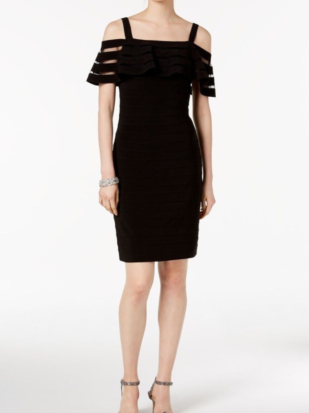 Adrianna Papell Black Cocktail Dress with Sheer Overlay and Straps